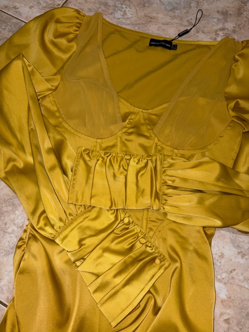 PrettyLittleThing Yellow Satin V-Neck Dress